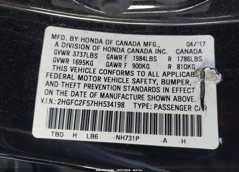 2017 HONDA CIVIC VIN: 2HGFC2F57HH534198