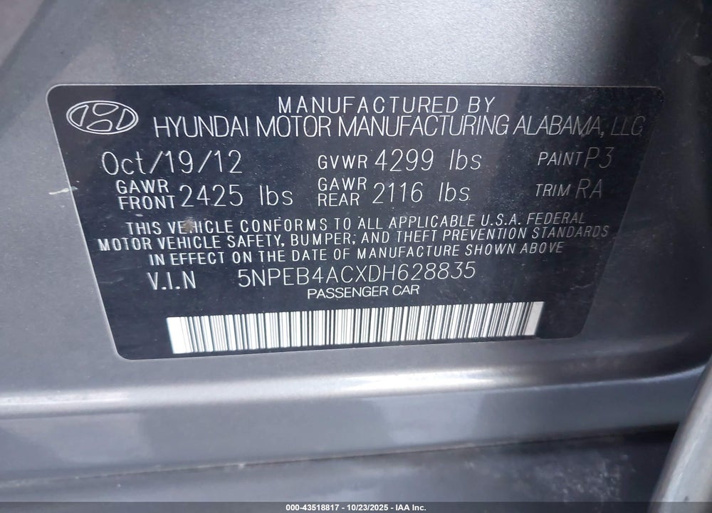 2013 HYUNDAI SONATA GLS VIN: 5NPEB4ACXDH628835