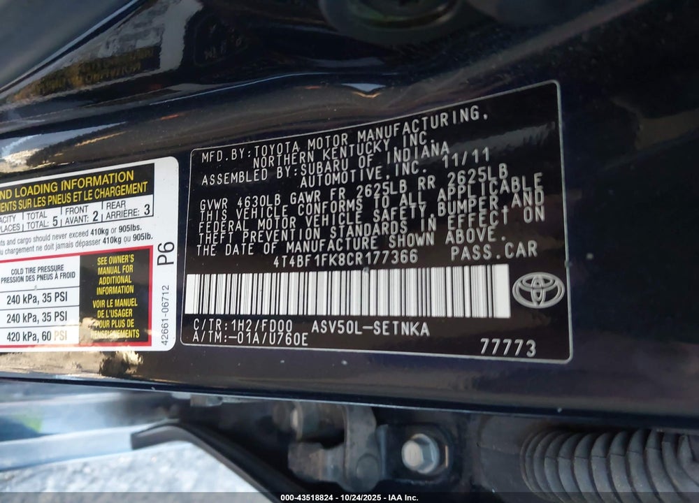 2012 TOYOTA CAMRY LE VIN: 4T4BF1FK8CR177366