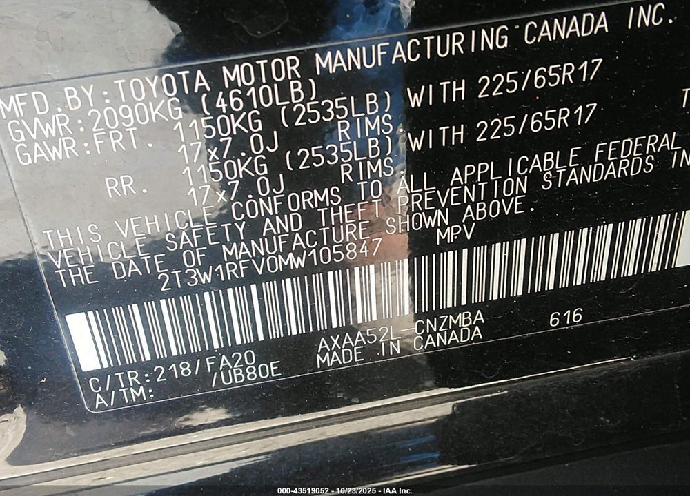 2021 TOYOTA RAV4 VIN: 2T3W1RFV0MW105847