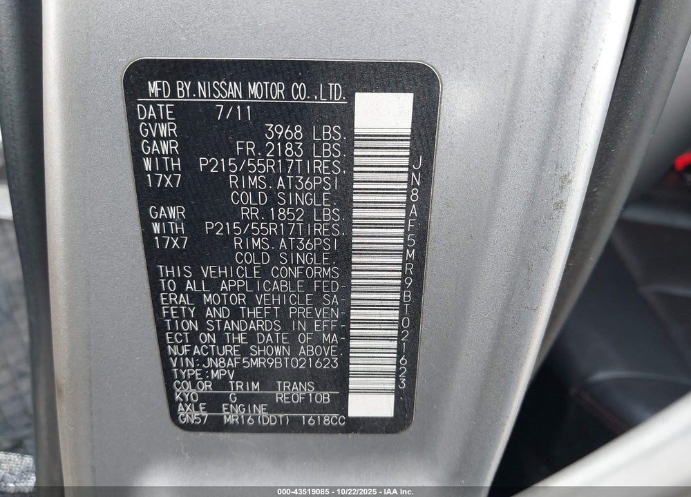 2011 NISSAN JUKE SL VIN: JN8AF5MR9BT021623