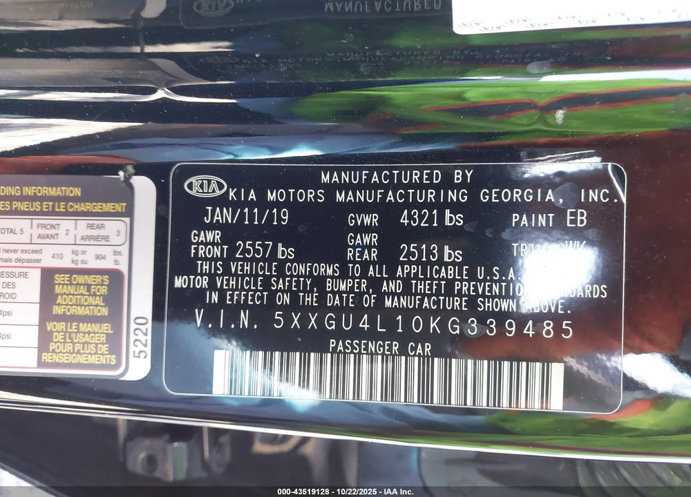 2019 KIA OPTIMA VIN: 5XXGU4L10KG339485