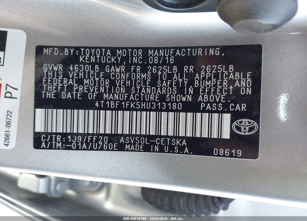2017 TOYOTA CAMRY SE VIN: 4T1BF1FK5HU313180