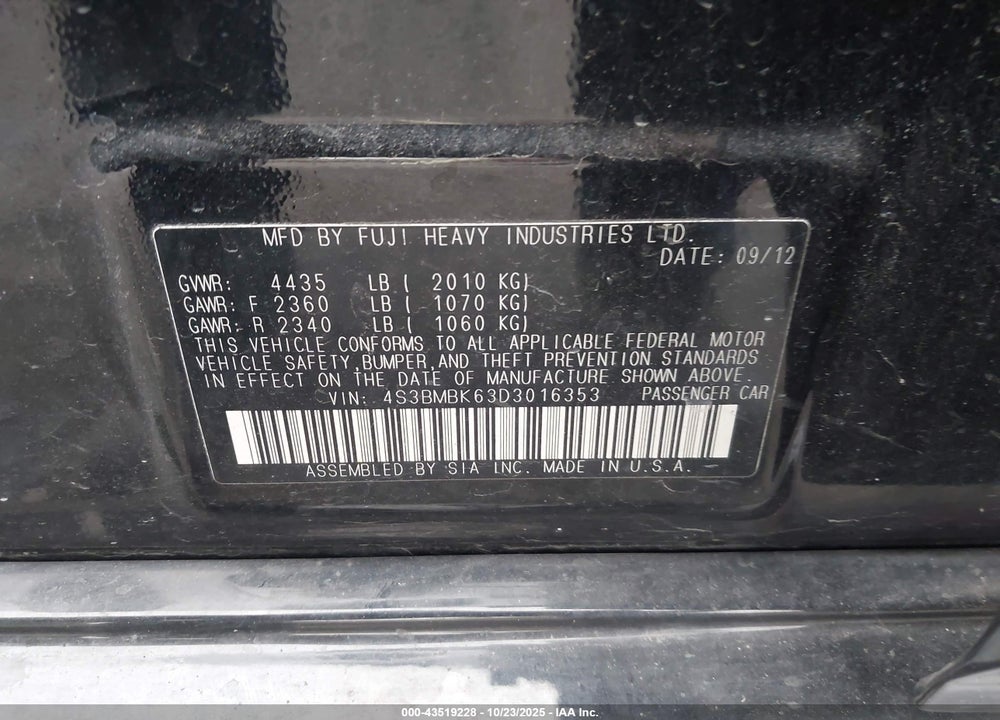 2013 SUBARU LEGACY 2.5I LIMITED VIN: 4S3BMBK63D3016353