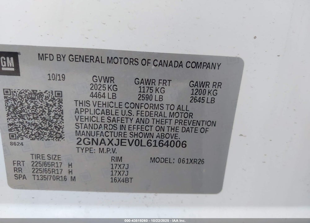 2020 CHEVROLET EQUINOX FWD 2FL VIN: 2GNAXJEV0L6164006