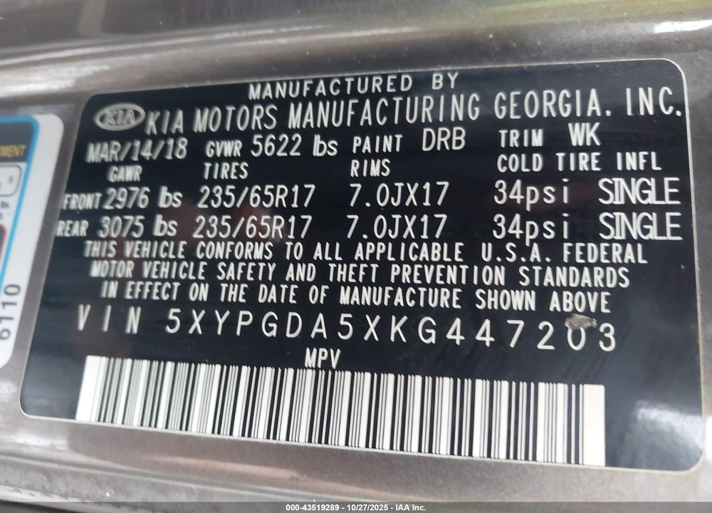 2019 KIA SORENTO VIN: 5XYPGDA5XKG447203