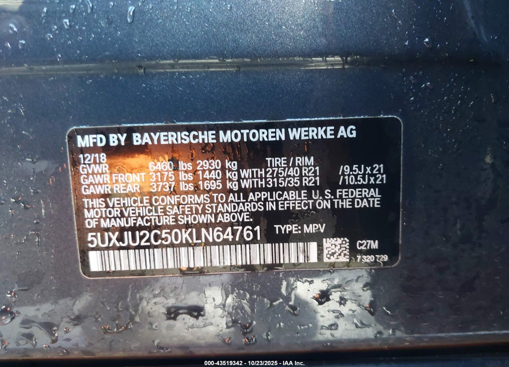 2019 BMW X5 VIN: 5UXJU2C50KLN64761