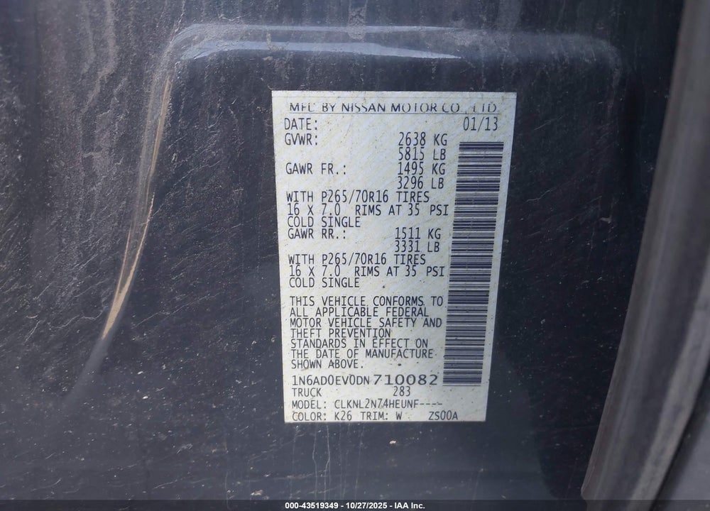 2013 NISSAN FRONTIER SV VIN: 1N6AD0EV0DN710082