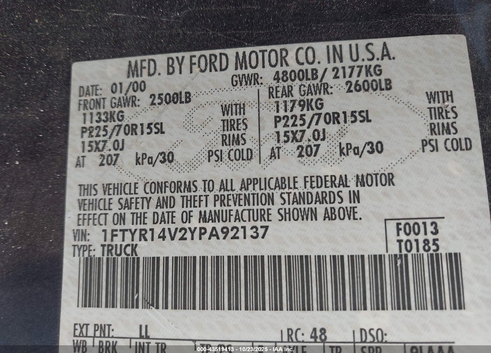 2000 FORD RANGER XL/XLT VIN: 1FTYR14V2YPA92137