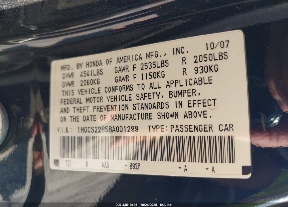2008 HONDA ACCORD 3.5 EX-L VIN: 1HGCS22858A001299