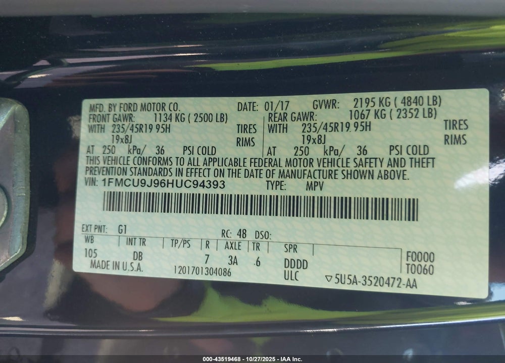 2017 FORD ESCAPE TITANIUM VIN: 1FMCU9J96HUC94393