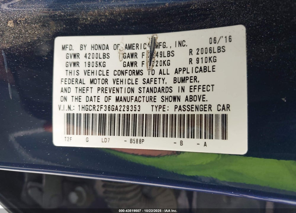 2016 HONDA ACCORD LX VIN: 1HGCR2F36GA229353
