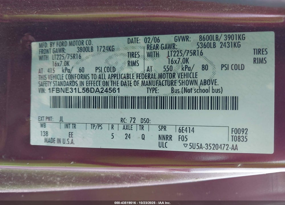 2006 FORD E-350 SUPER DUTY VIN: 1FBNE31L56DA24561