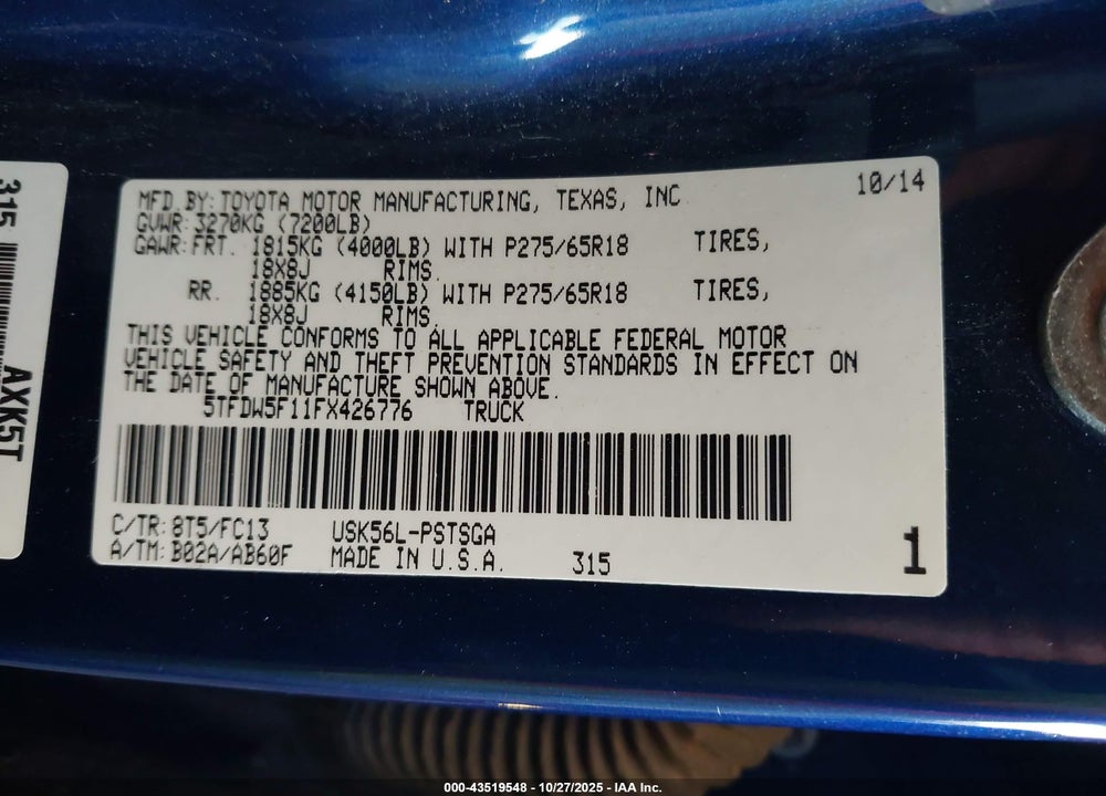 2015 TOYOTA TUNDRA VIN: 5TFDW5F11FX426776