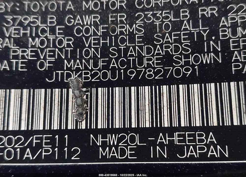 2009 TOYOTA PRIUS VIN: JTDKB20U197827091