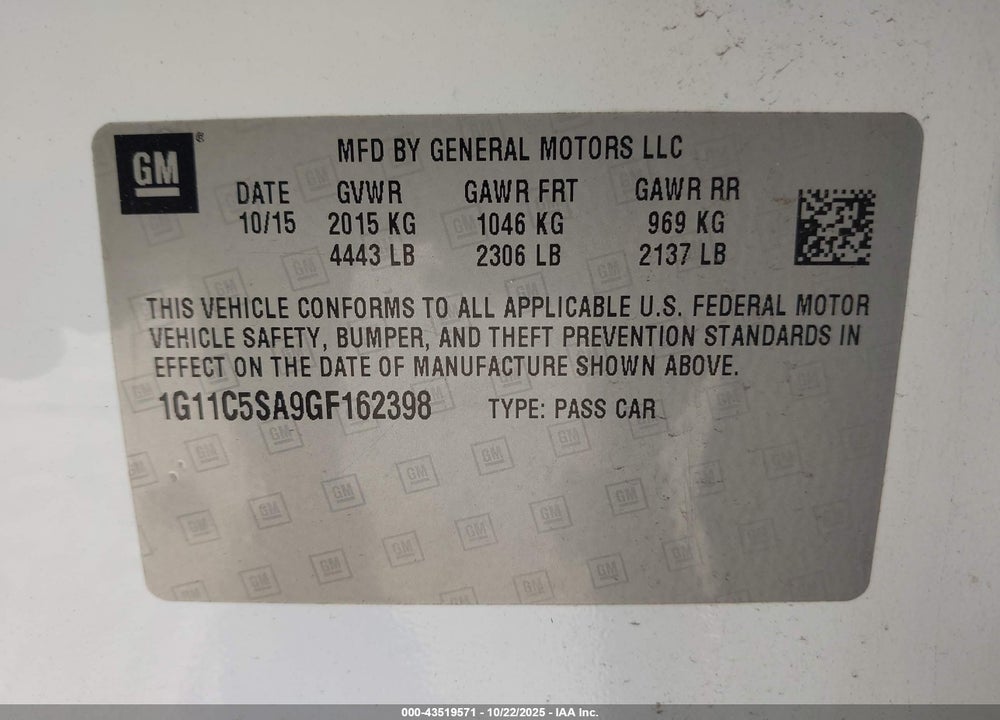 2016 CHEVROLET MALIBU LIMITED VIN: 1G11C5SA9GF162398