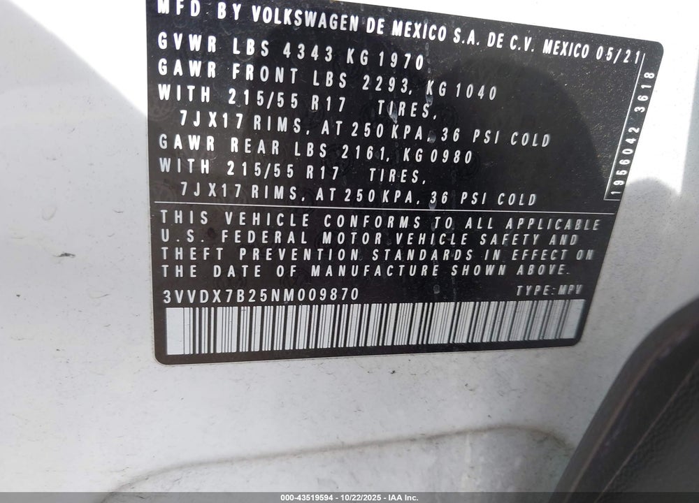 2022 VOLKSWAGEN TAOS 1.5T S VIN: 3VVDX7B25NM009870