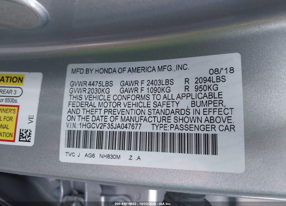 2018 HONDA ACCORD VIN: 1HGCV2F35JA047677