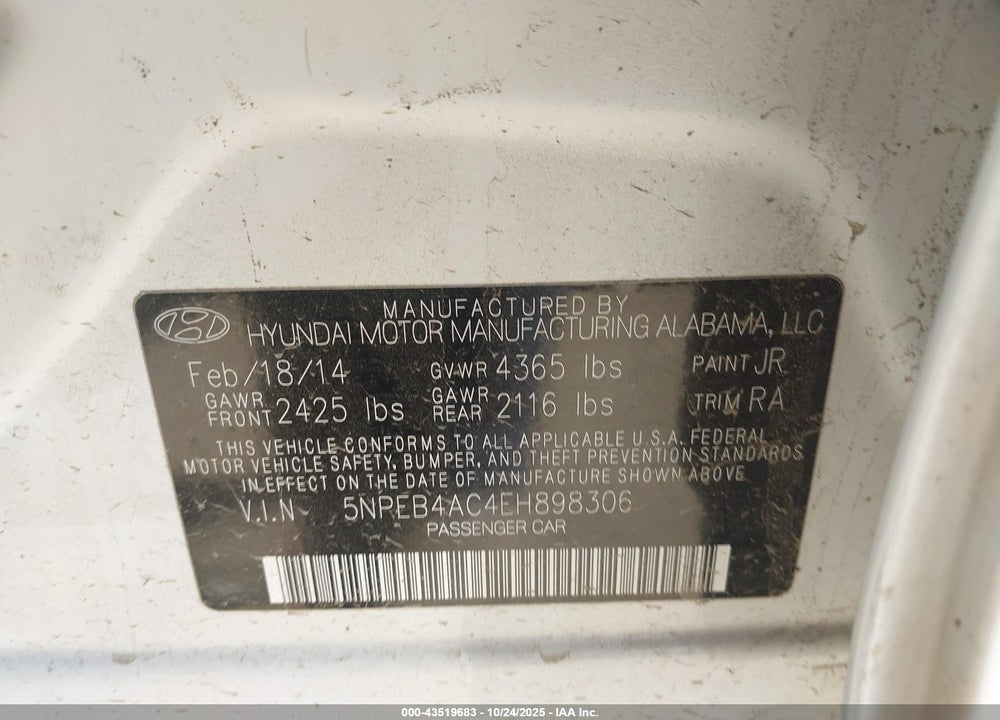 2014 HYUNDAI SONATA VIN: 5NPEB4AC4EH898306