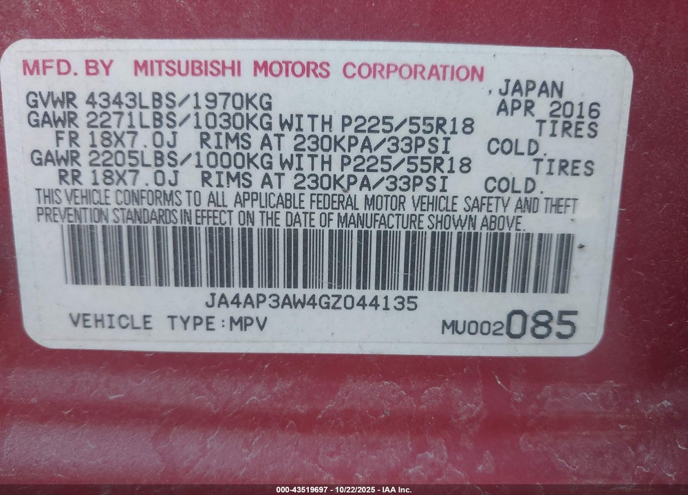 2016 MITSUBISHI OUTLANDER SPORT VIN: JA4AP3AW4GZ044135