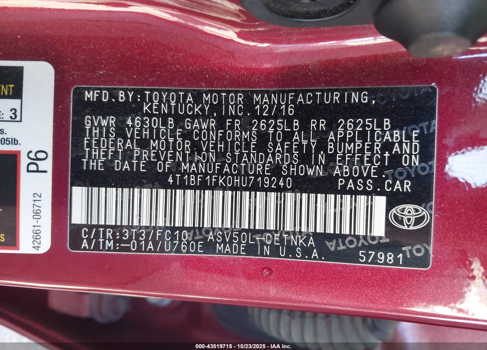 2017 TOYOTA CAMRY LE VIN: 4T1BF1FK0HU719240