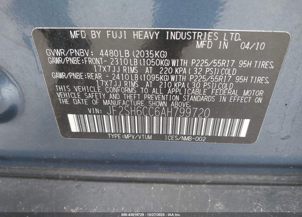 2010 SUBARU FORESTER VIN: JF2SH6CC6AH799720