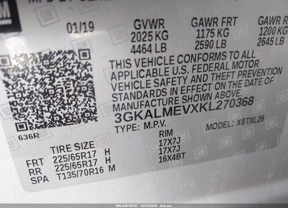 2019 GMC TERRAIN SLE VIN: 3GKALMEVXKL270368