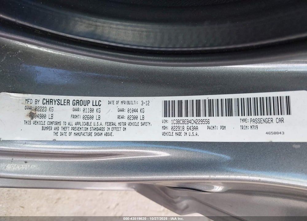 2012 CHRYSLER 200 VIN: 1C3BCBEB4CN229556