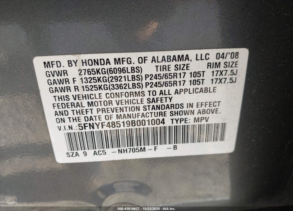 2009 HONDA PILOT EX-L VIN: 5FNYF48519B001004