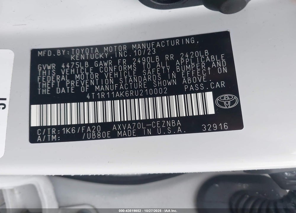 2024 TOYOTA CAMRY LE VIN: 4T1R11AK6RU210002