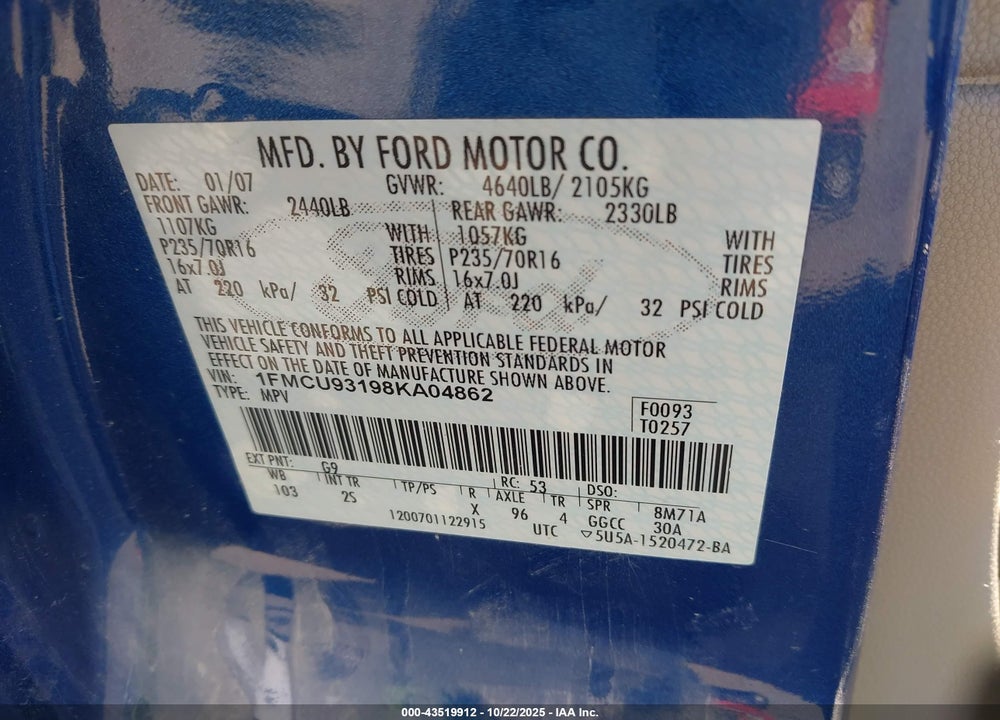2008 FORD ESCAPE XLT VIN: 1FMCU93198KA04862