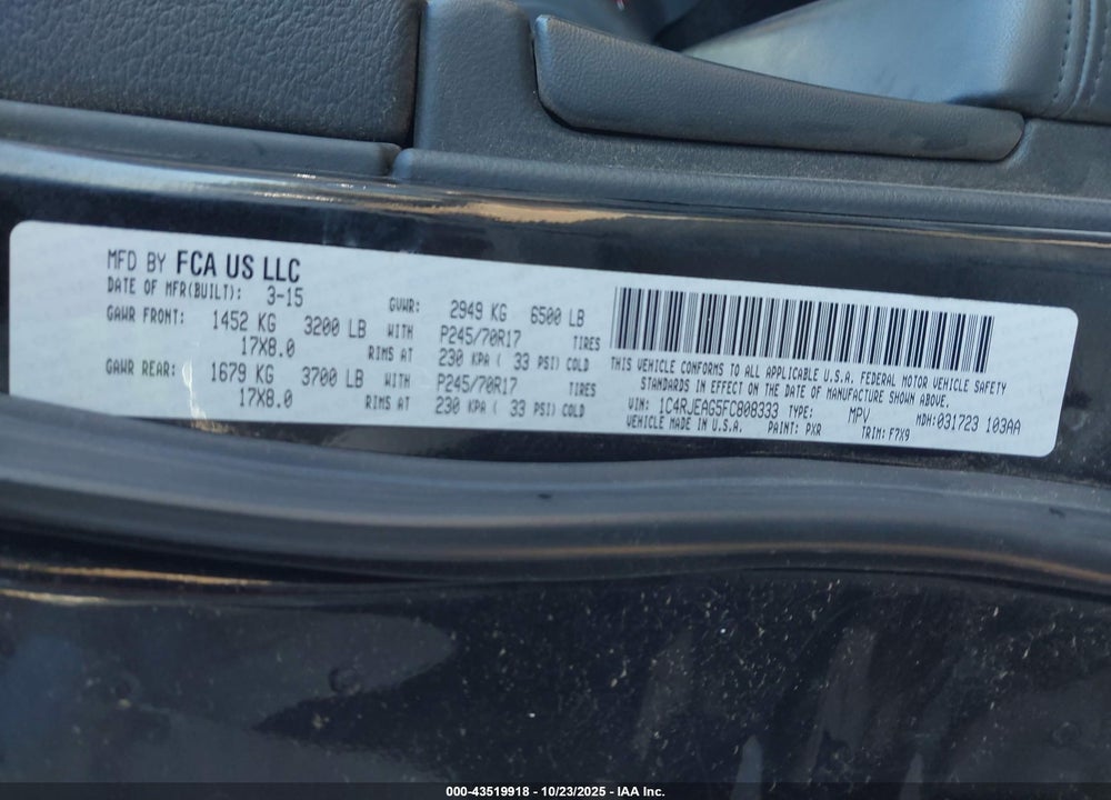2015 JEEP GRAND CHEROKEE LAREDO VIN: 1C4RJEAG5FC808333