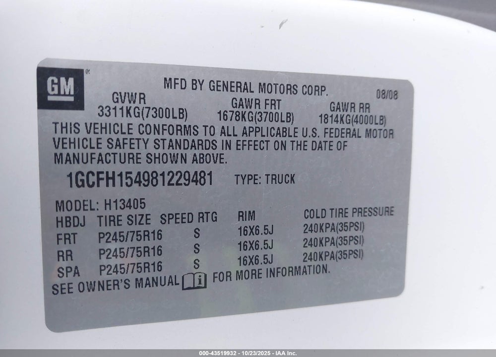 2008 CHEVROLET EXPRESS VIN: 1GCFH154981229481