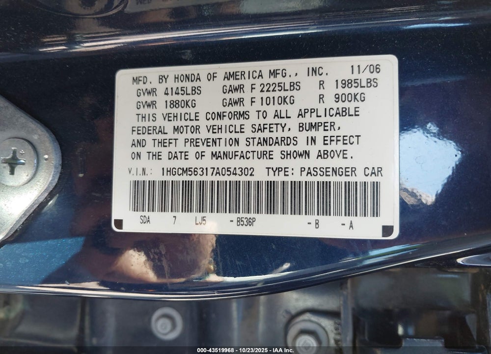 2007 HONDA ACCORD 2.4 SE VIN: 1HGCM56317A054302