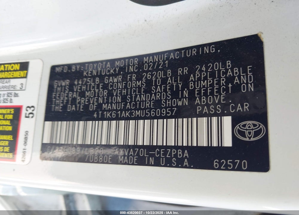 2021 TOYOTA CAMRY XSE VIN: 4T1K61AK3MU560957