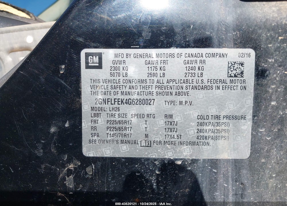 2016 CHEVROLET EQUINOX LT VIN: 2GNFLFEK4G6280027