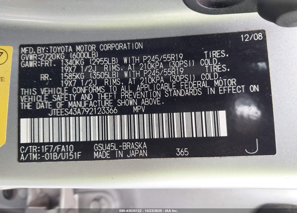 2009 TOYOTA HIGHLANDER VIN: JTEES43A792123366