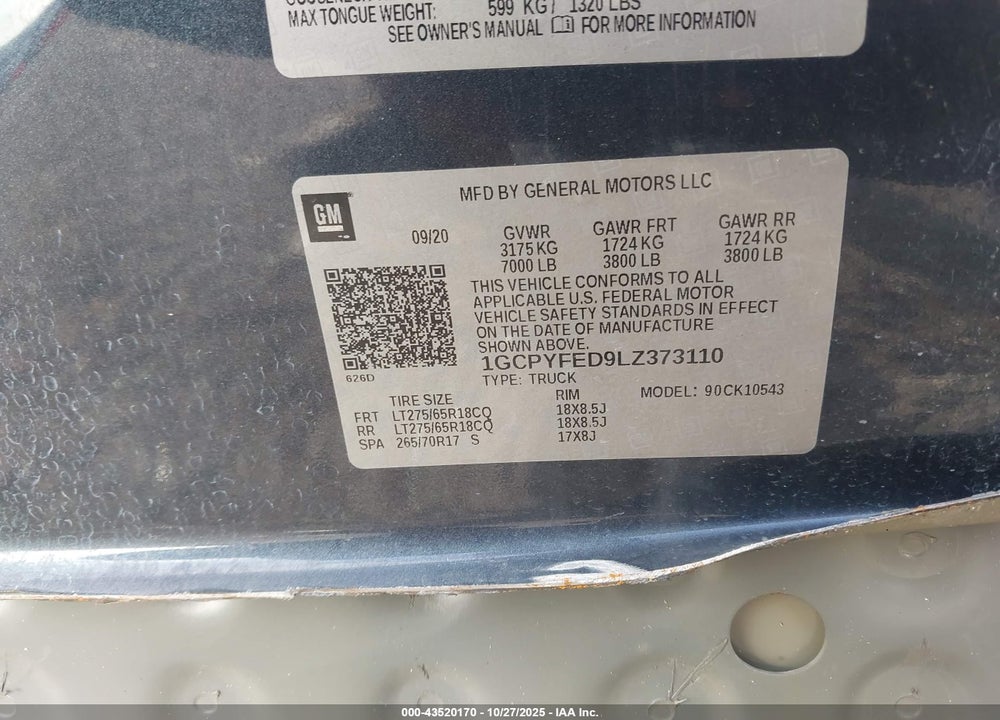 2020 CHEVROLET SILVERADO 1500 VIN: 1GCPYFED9LZ373110