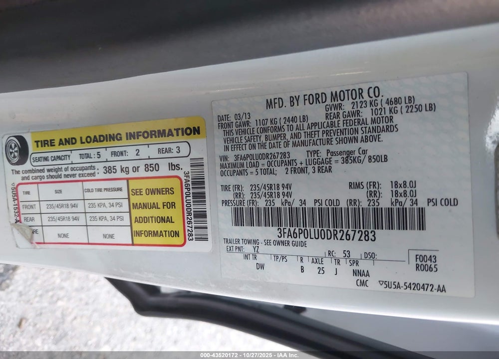 2013 FORD FUSION HYBRID SE VIN: 3FA6P0LU0DR267283