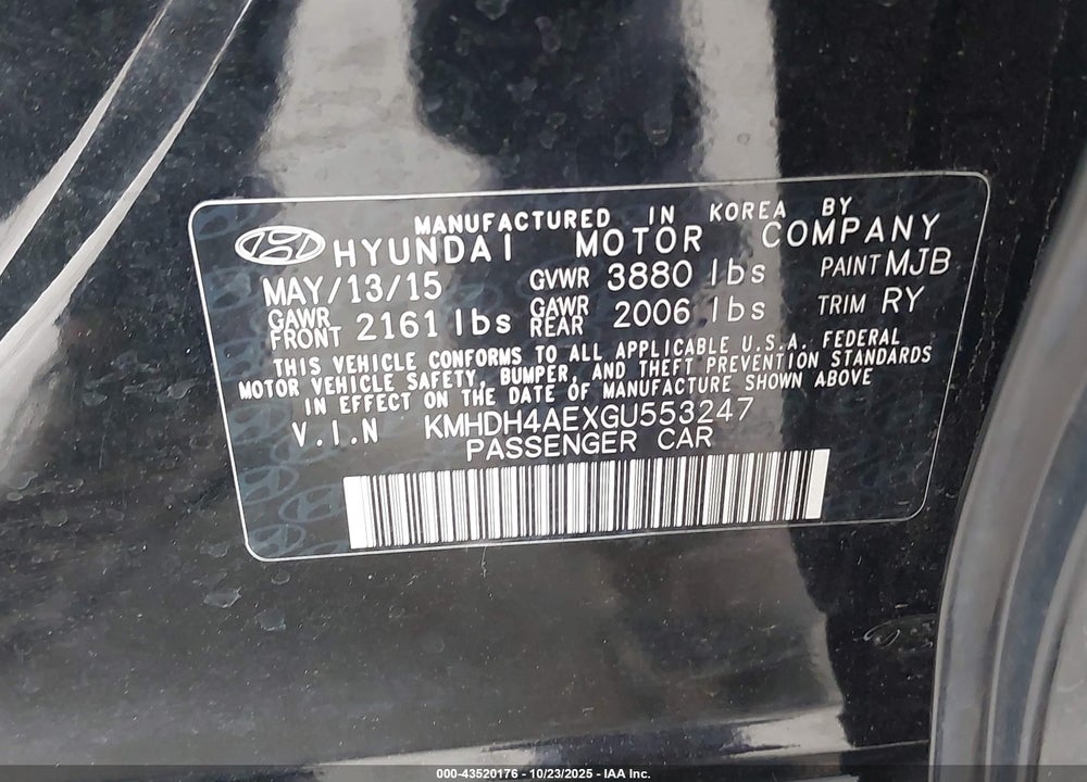 2016 HYUNDAI ELANTRA LIMITED VIN: KMHDH4AEXGU553247