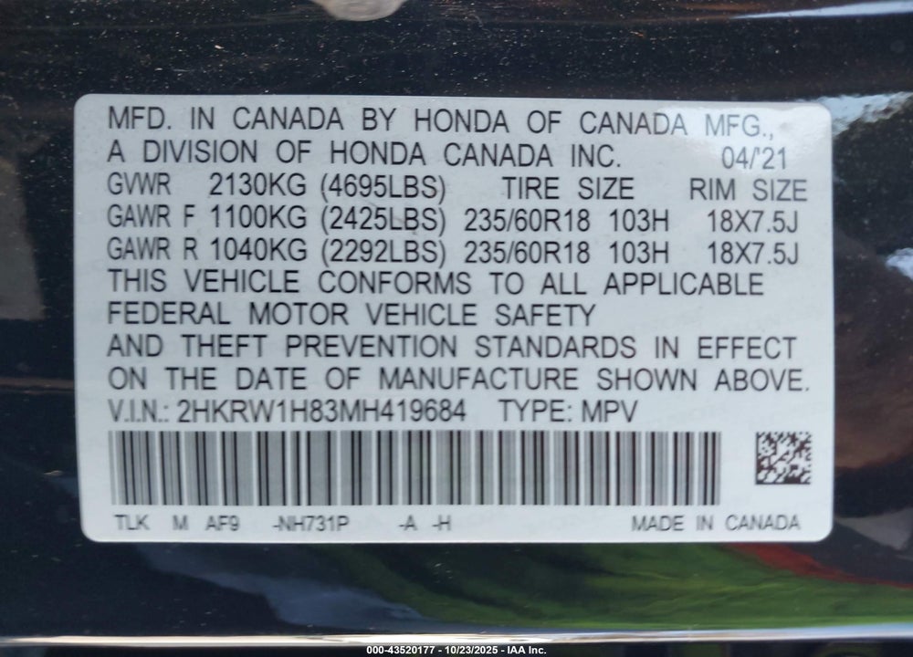 2021 HONDA CR-V 2WD EX-L VIN: 2HKRW1H83MH419684