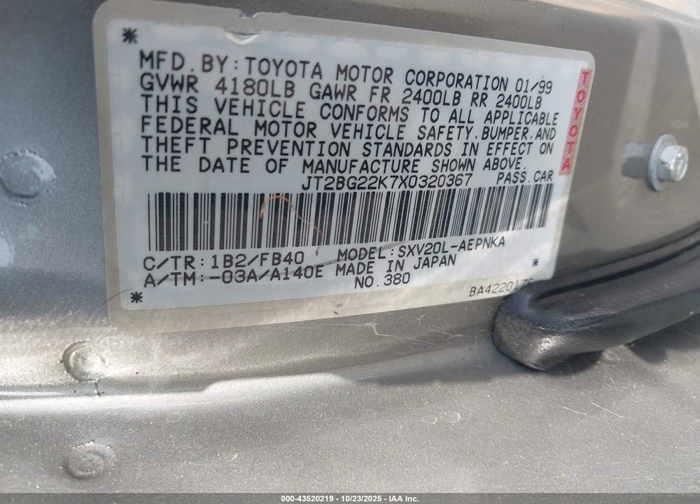 1999 TOYOTA CAMRY LE VIN: JT2BG22K7X0320367