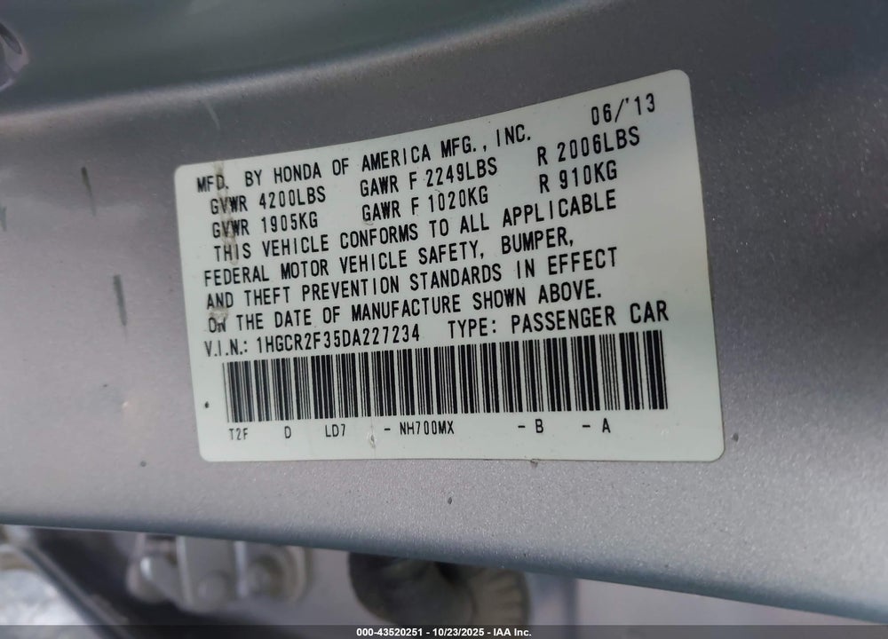 2013 HONDA ACCORD LX VIN: 1HGCR2F35DA227234