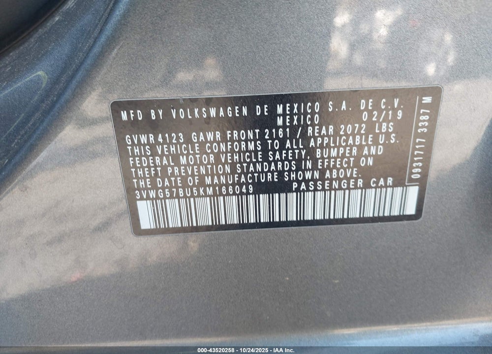 2019 VOLKSWAGEN JETTA 1.4T SEL PREMIUM VIN: 3VWG57BU5KM166049