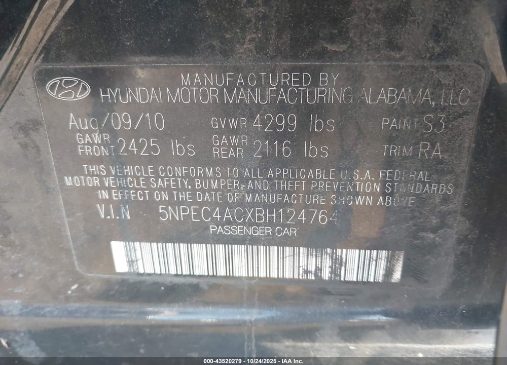 2011 HYUNDAI SONATA LIMITED VIN: 5NPEC4ACXBH124764