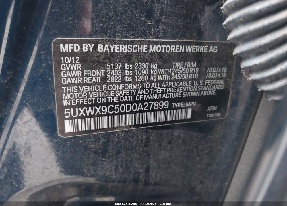 2013 BMW X3 VIN: 5UXWX9C50D0A27899