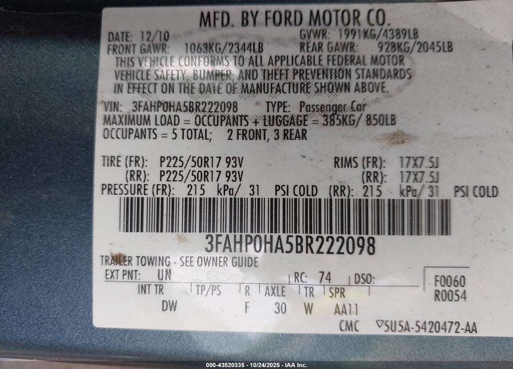 2011 FORD FUSION SE VIN: 3FAHP0HA5BR222098