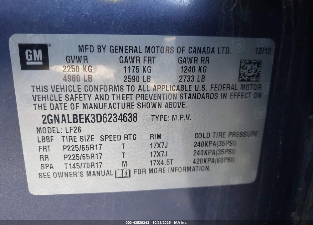 2013 CHEVROLET EQUINOX LS VIN: 2GNALBEK3D6234638