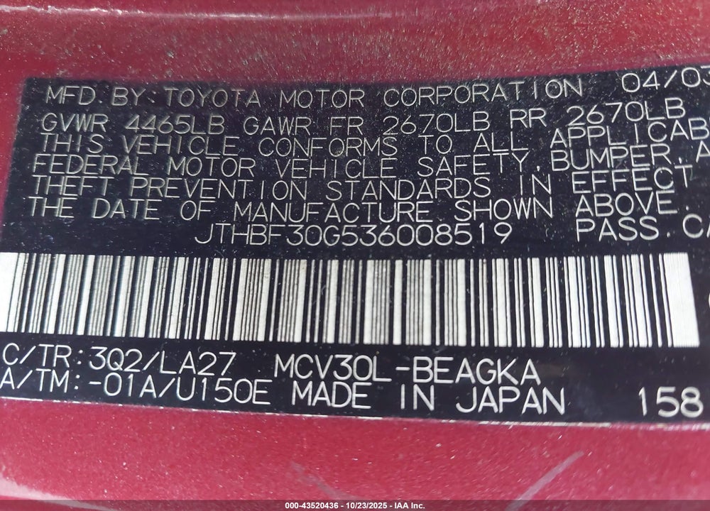 2003 LEXUS ES 300 VIN: JTHBF30G536008519