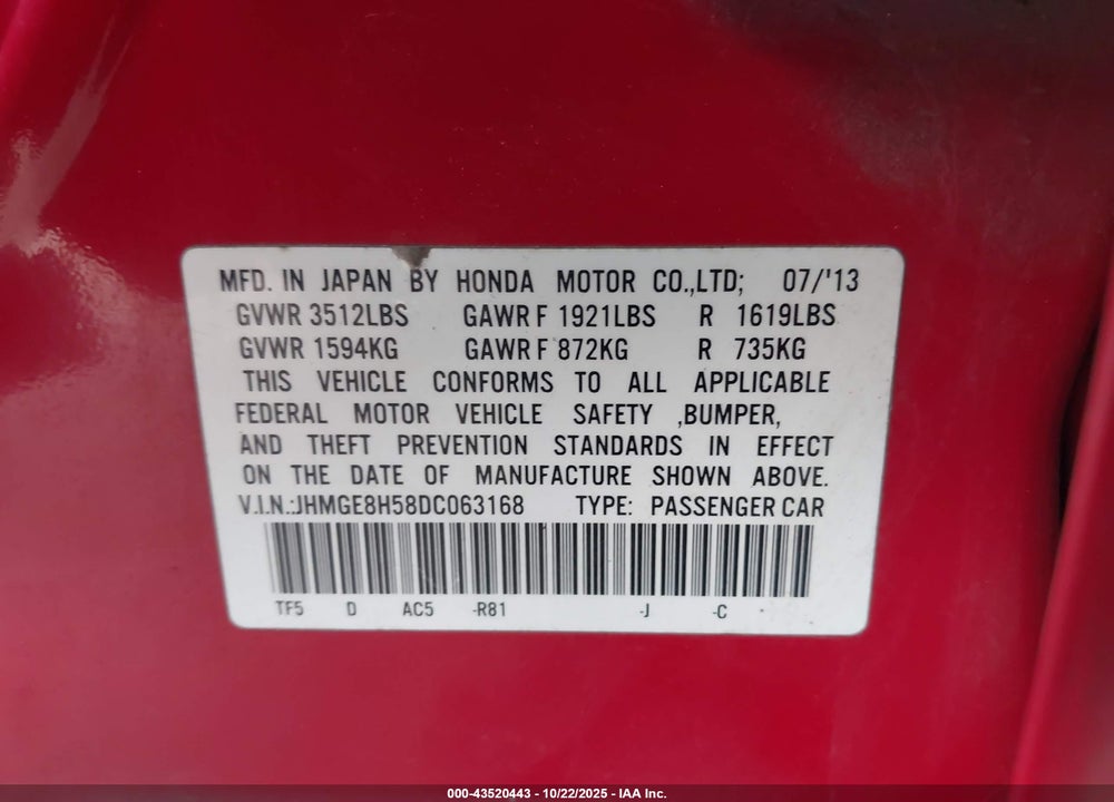 2013 HONDA FIT SPORT VIN: JHMGE8H58DC063168